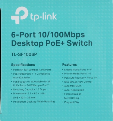 Коммутатор TP-Link TL-SF1006P (L2) 6x100Мбит/с 4PoE+ 67W неуправляемый