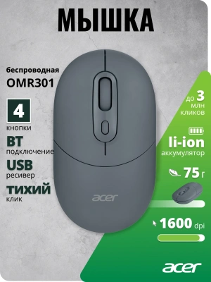 Мышь Acer OMR301 черный оптическая 1600dpi беспров. BT/Radio USB 4but (ZL.MCECC.01T)