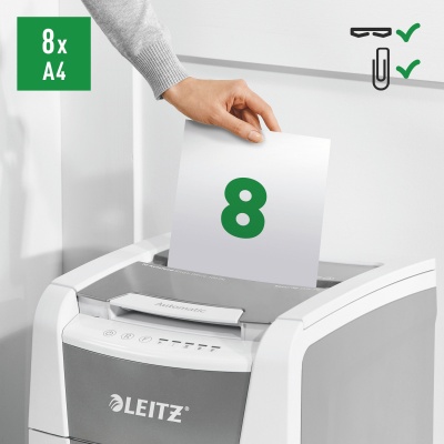 Шредер Leitz IQ Autofeed Small Office 100 P4 белый с автоподачей (секр.P-4) фрагменты 100лист. 34лтр. скрепки скобы пл.карты