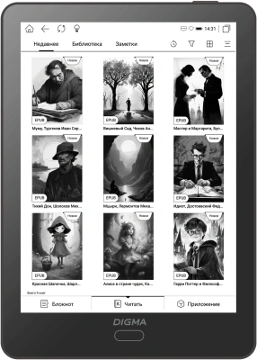 Электронная книга Digma A6 plus 6" E-Ink Carta 758x1024 Touch Screen 1.8Ghz 1Gb/32Gb/SD/microSDHC/подсветка дисплея темно-серый (в компл.:обложка)