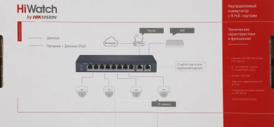 Коммутатор HiWatch DS-S1008P 8x100Мбит/с 2x1Гбит/с 8PoE 8PoE+ 60W неуправляемый
