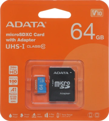 Флеш карта microSDXC 64GB A-Data AUSDX64GUICL10A1-RA1 Premier + adapter