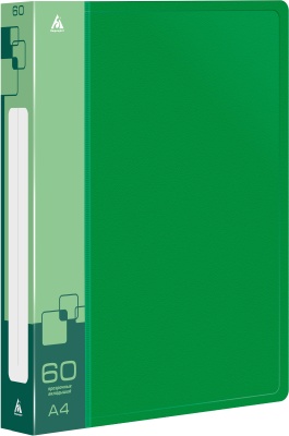 Папка с 60 прозр.вклад. Бюрократ -BPV60GRN A4 пластик 0.7мм торц.карм с бум. встав зеленый