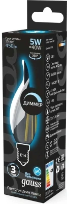Лампа филам. Gauss Filament 5Вт цок.:E14 свеча 220B св.свеч.бел.нейт. (упак.:1шт) (104801205-D)
