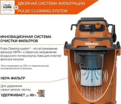 Строительный пылесос Daewoo DAVC 2500SD 1400Вт (уборка: сухая/влажная/выдув/сбор воды) оранжевый