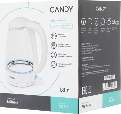 Чайник электрический Candy CK-300 1.8л. 2200Вт белый корпус: стекло/пластик (QA00A0M00RU)