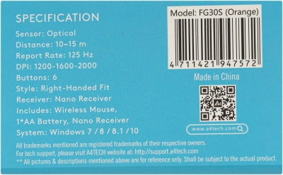 Мышь A4Tech Fstyler FG30S серый/оранжевый оптическая 2000dpi silent беспров. USB 6but (FG30S ORANGE)