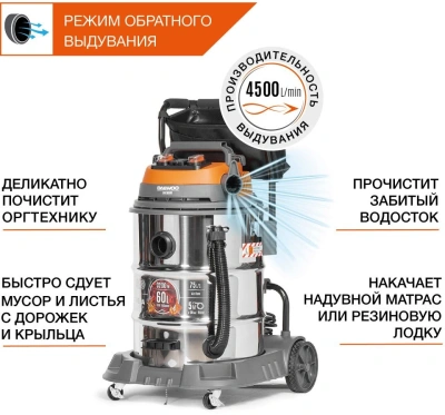 Строительный пылесос Daewoo DAVC 6030S 3200Вт (уборка: сухая/сбор воды/выдув) серебристый