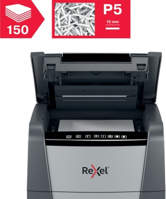 Шредер Rexel Optimum AutoFeed 150M черный с автоподачей (секр.P-5) фрагменты 150лист. 44лтр. скрепки скобы пл.карты