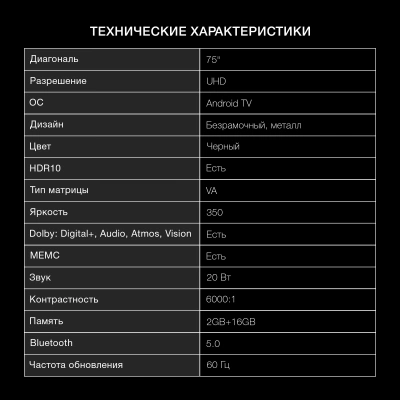Телевизор LED Hyundai 75" H-LED75BU7009 Android TV Frameless черный 4K Ultra HD 60Hz DVB-T DVB-T2 DVB-C DVB-S DVB-S2 USB WiFi Smart TV