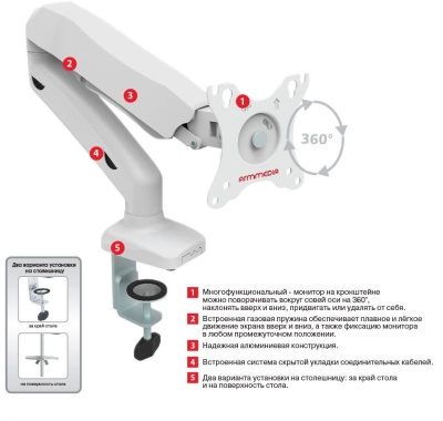 Кронштейн для мониторов Arm Media LCD-T21w белый 15"-32" макс.6.5кг настольный поворот и наклон верт.перемещ.