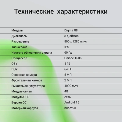 Планшет Digma R8 T606 (1.6) 8C RAM4Gb ROM64Gb 8" IPS 1280x800 4G Android 15 темно-серый 5Mpix 2Mpix BT WiFi microSD 512Gb 4000mAh 168hrs