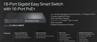 Коммутатор TP-Link TL-SG1218MPE (L2) 18x1Гбит/с 2xКомбо(1000BASE-T/SFP) 16PoE+ 192W управляемый