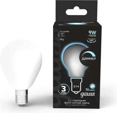 Лампа светодиодная Gauss Filament 105201209-D 9Вт цок.:E14 шар 220B св.свеч.бел.нейт. (упак.:1шт)