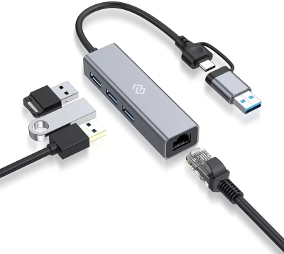 Разветвитель USB-C + USB-A Digma DHUB-LAN-4port 4порт. серебристый