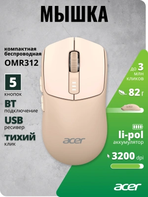 Мышь Acer OMR312 розовый оптическая 3200dpi беспров. BT/Radio USB 5but (ZL.MCECC.036)