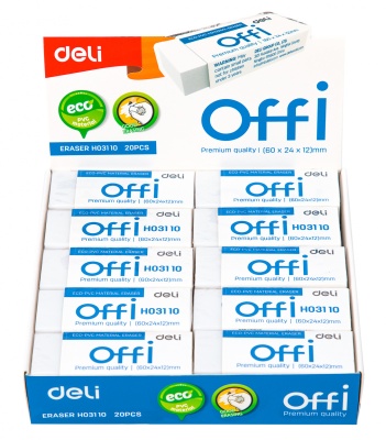 Ластик Deli EH03110 Offi 60x24x12мм ПВХ белый индивидуальная картонная упаковка