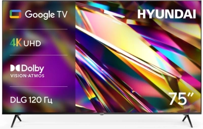 Телевизор LED Hyundai 75" H-LED75BU7011 Google TV Frameless Metal черный 4K Ultra HD 60Hz MEMC DVB-T DVB-T2 DVB-C DVB-S DVB-S2 USB WiFi Smart TV