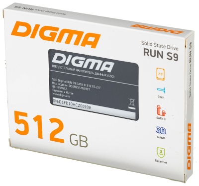 Накопитель SSD Digma SATA-III 512GB DGSR2512GS93T Run S9 2.5"