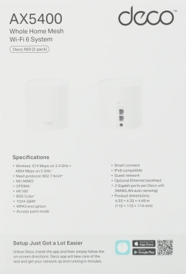 Бесшовный Mesh роутер TP-Link Deco X60(2-Pack) AX5400 10/100/1000BASE-TX белый (упак.:2шт)