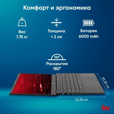 Ноутбук IRU Planio 15ING N-series N100 8Gb SSD256Gb Intel UHD Graphics 15.6" IPS FHD (1920x1080) FreeDOS black WiFi BT Cam 6000mAh (2058911)
