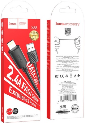 Кабель Hoco X88 Gratified USB (m)-Lightning (m) 1м черный коробка