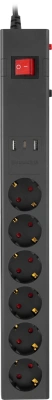 Сетевой фильтр Buro 600SE-1.8-USB-B 1.8м (6 розеток) черный (коробка)