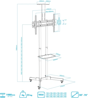 Стойка для телевизора Kromax OMEGA-19 черный 30"-70" макс.55кг напольный мобильный