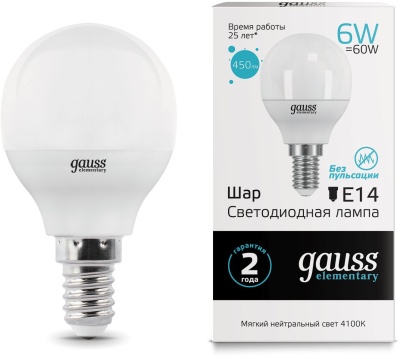 Лампа светодиодная Gauss Elementary 6Вт цок.:E14 шар 220B св.свеч.бел.нейт. (упак.:10шт) (53126)