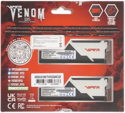Память DDR5 2x16GB 6400MHz Patriot PVV532G640C32K Viper Venom RTL Gaming PC5-51200 CL32 DIMM UDIMM 288-pin 1.4В kit с радиатором Ret