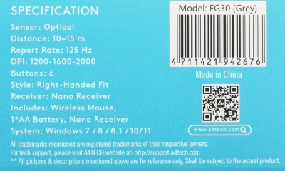 Мышь A4Tech Fstyler FG30 серый оптическая 2000dpi беспров. USB 6but (FG30 GREY)