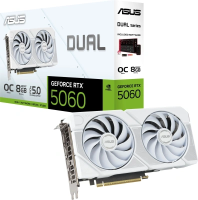 Видеокарта Asus PCI-E 5.0 DUAL-RTX5060-O8G-WHITE NVIDIA GeForce RTX 5060 8Gb 128bit GDDR7 2535/28000 HDMIx1 DPx3 HDCP Ret