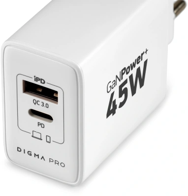 Сетевое зар./устр. Digma Pro DPW4A 45W 3A (PD+QC) USB-C/USB-A универсальное белый (DPW4A5GX11WH)