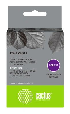 Картридж ленточный Cactus CS-TZE611 TZe-611 черный на желтом 6x8 для Brother 1010/1280/1280VP/2700VP