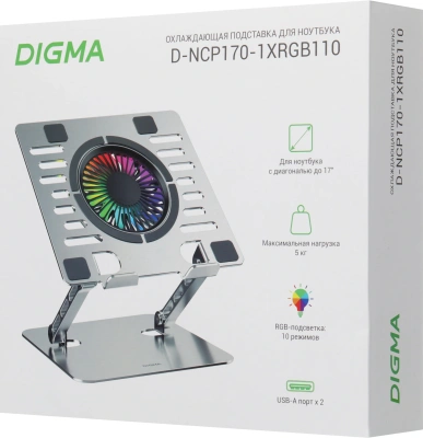 Подставка для ноутбука Digma D-NCP170-1xRGB110 17" 240x230x50мм 28дБ 2xUSB 1x 110ммFAN 790г Fan-control алюминий серый