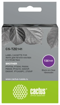 Картридж ленточный Cactus CS-TZE141 TZe-141 черный на прозрачном 18x8 для Brother PT-P700/P750W/P900W/P950W/PT-D210/D450VP/D600VP/PT-2430PC/2700VP без чипа