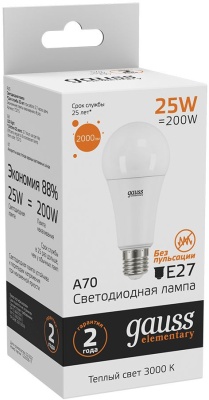 Лампа светодиодная Gauss Elementary 25Вт цок.:E27 груша 220B св.свеч.бел.теп. A67 (упак.:10шт) (73215)