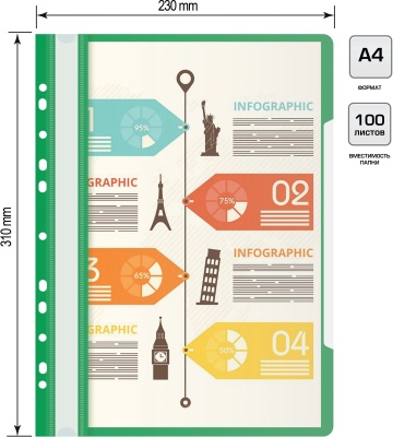 Папка-скоросшиватель Бюрократ PS-P20GRN A4 прозрач.верх.лист боков.перф. пластик зеленый 0.12/0.16