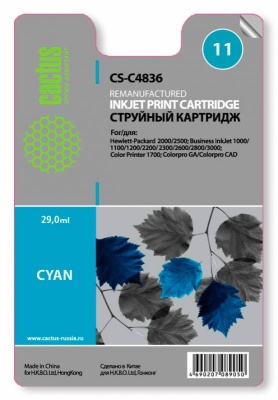 Картридж струйный Cactus CS-C4836 №11 голубой (29мл) для HP BIJ 1000/1100/1200/2200/2300/2600/2800 с чипом