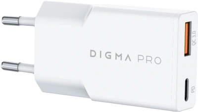 Сетевое зар./устр. Digma Pro DPW2A 20W 3A (PD+QC) USB-C/USB-A универсальное белый (DPW2A2GX11WH)
