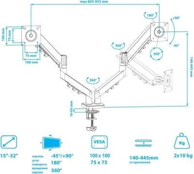 Кронштейн для мониторов Kromax OFFICE-14 черный 15"-32" макс.20кг настольный поворот и наклон