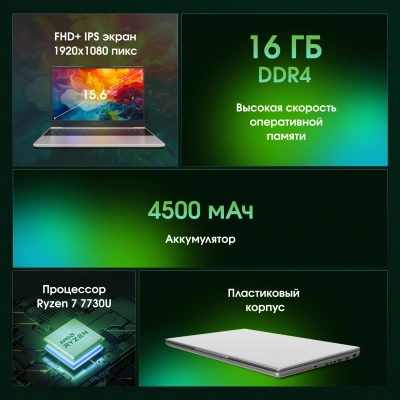 Ноутбук Digma Pro Breve Ryzen 7 7730U 16Gb SSD512Gb AMD Radeon Graphics 15.6" IPS FHD (1920x1080) Windows 11 Pro silver WiFi BT Cam 4500mAh (DN15R7-ADXW05)