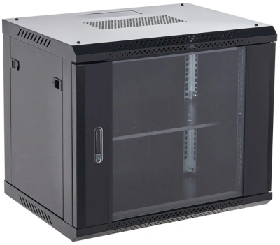 Шкаф коммутационный Rexant (04-0964-112) настенный 9U 600x450мм пер.дв.стекл металл 2 бок.пан. направл.под винты 60кг черный 13.75кг 230град. 501мм IP20 сталь