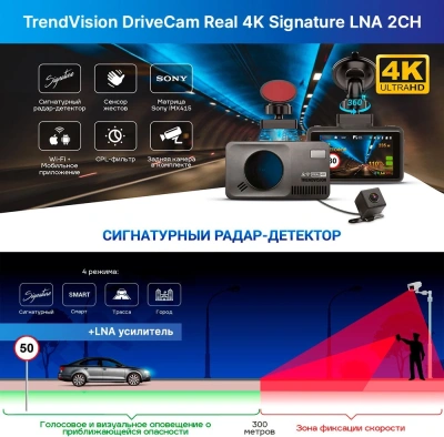 Видеорегистратор с радар-детектором TrendVision DriveCam Real 4K Signature LNA 2CH черный 2160p 140гр. GPS MStar 8629
