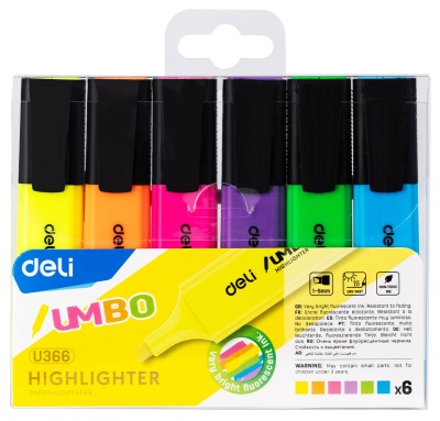 Набор текстовыделителей Deli EU366-MT Jumbo скошенный пиш. наконечник 1-5мм колпачок с клипом 6цв. ассорти пакет с европодвесом (6шт.)