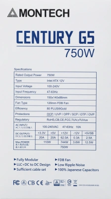 Блок питания Montech ATX 750W CENTURY GOLD G5 80+ gold (20+4pin) APFC 120mm fan 10xSATA Cab Manag RTL