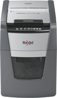 Шредер Rexel Optimum AutoFeed 90X черный с автоподачей (секр.P-4) фрагменты 90лист. 34лтр. скрепки скобы пл.карты