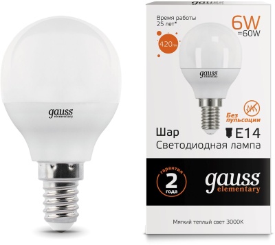 Лампа светодиодная Gauss Elementary 6Вт цок.:E14 шар 220B св.свеч.бел.теп. (упак.:10шт) (53116)