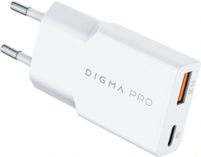 Сетевое зар./устр. Digma Pro DPW2A 20W 3A (PD+QC) USB-C/USB-A универсальное белый (DPW2A2GX11WH)