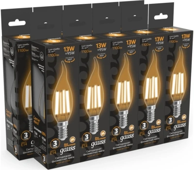 Лампа филам. Gauss Filament 13Вт цок.:E14 свеча 220B св.свеч.бел.теп. (упак.:1шт) (104801113)